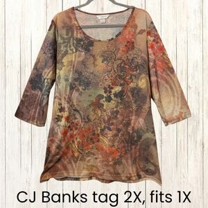 CJ Banks  Metallic Floral Tunic - Brown and Orange Fits 1X